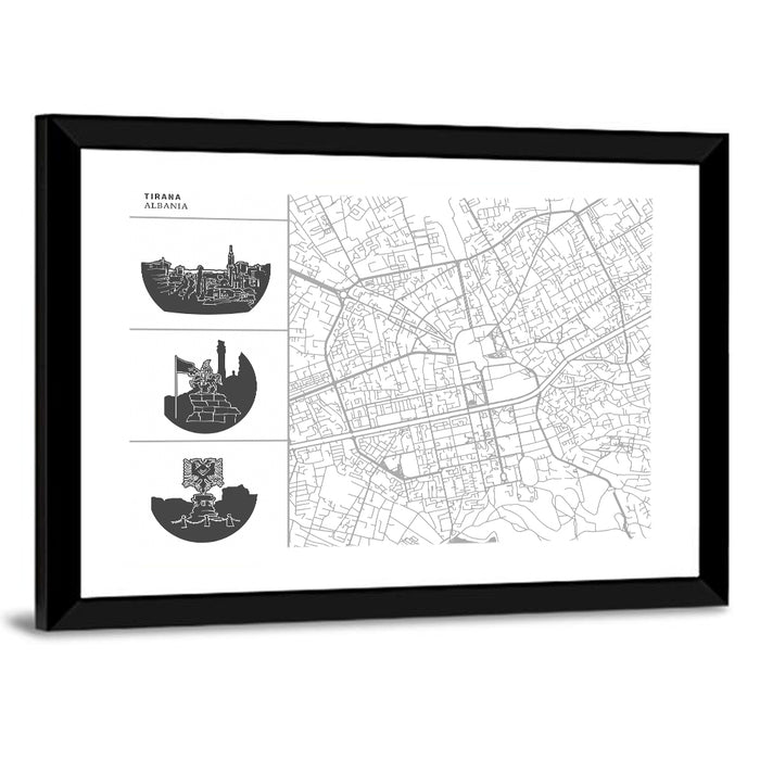 Tirana Street Map with Icons Wall Art as a framed print