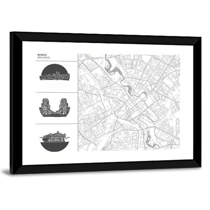 Minsk Map with Architectural Vignettes Wall Art as a framed print