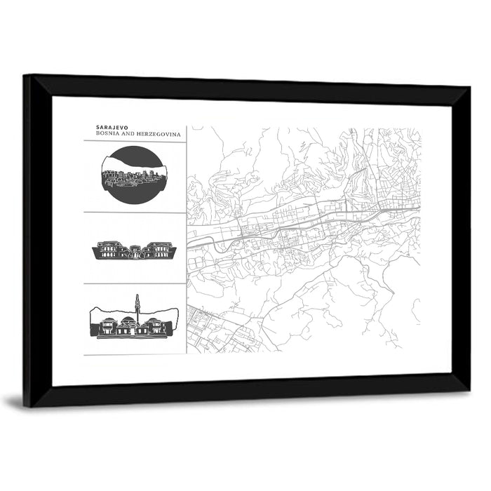 Sarajevo Line Map Wall Art as a framed print