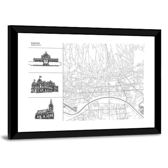 Zagreb Architectural Map Wall Art as a framed print