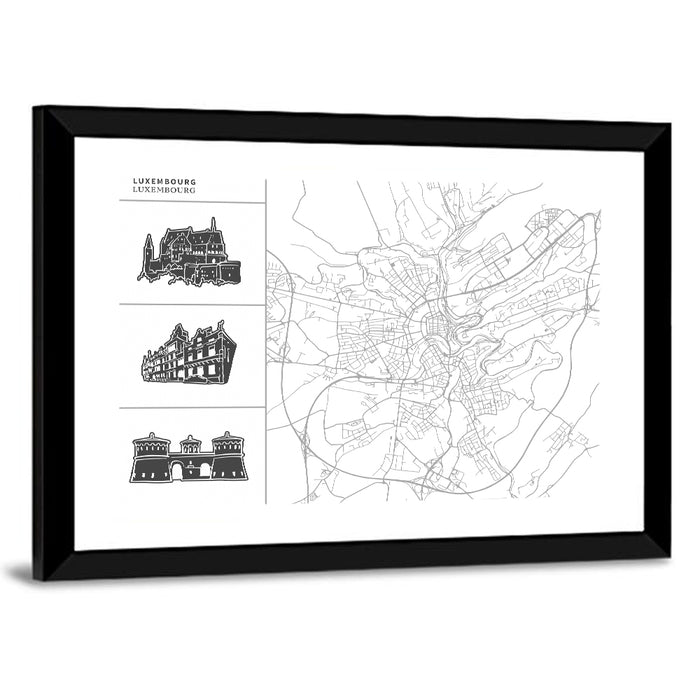Luxembourg City Map with Landmark Sketches Wall Art as a framed print