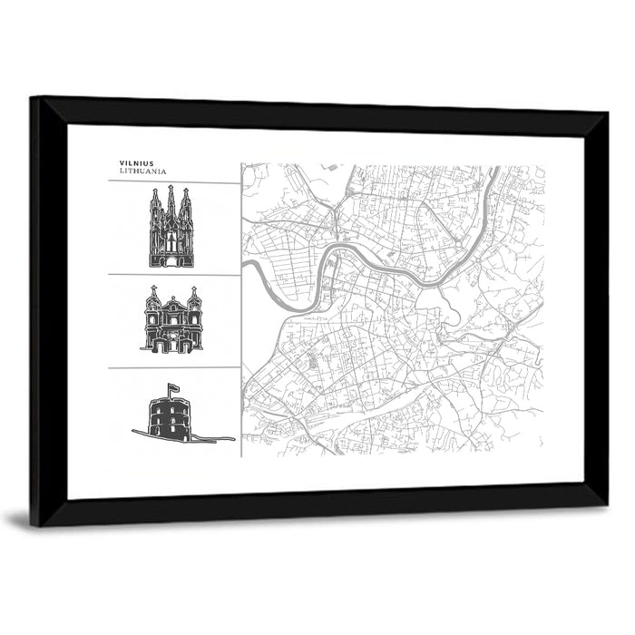 Vilnius Map with Architectural Sketches Wall Art as a framed print