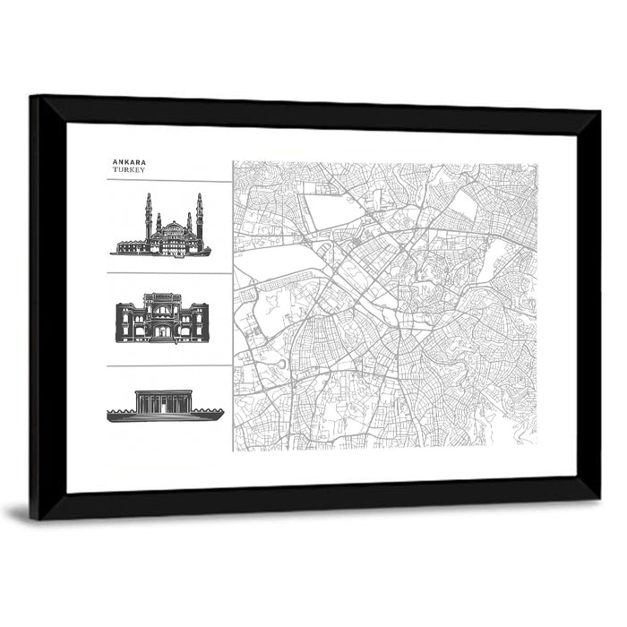 Ankara Map with Anıtkabir Silhouette Wall Art as a framed print