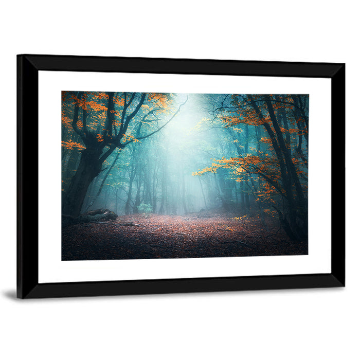 Misty Forest Path with Glowing Light Wall Art as a framed print