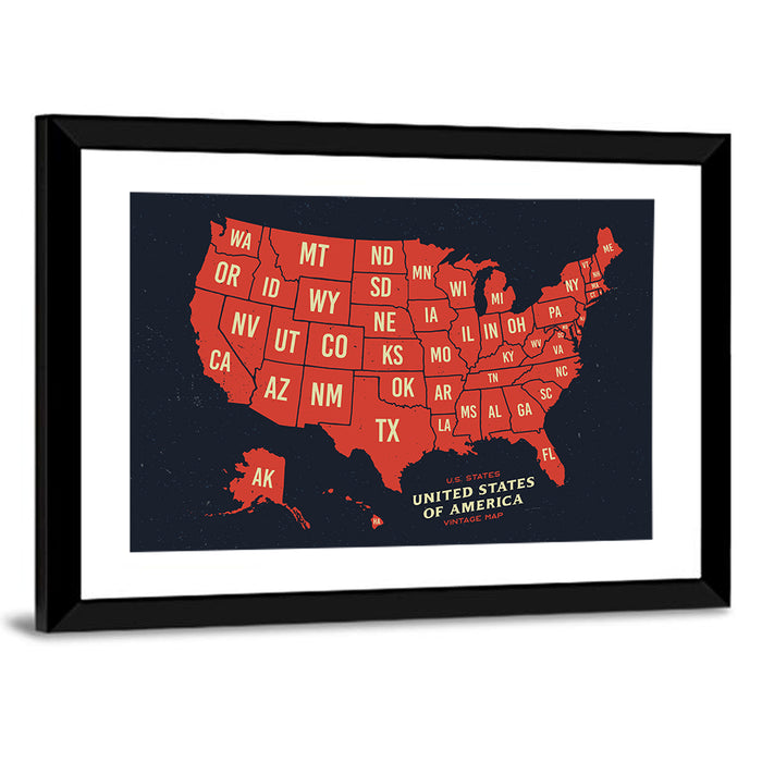 Vintage United States Map Wall Art as a framed print