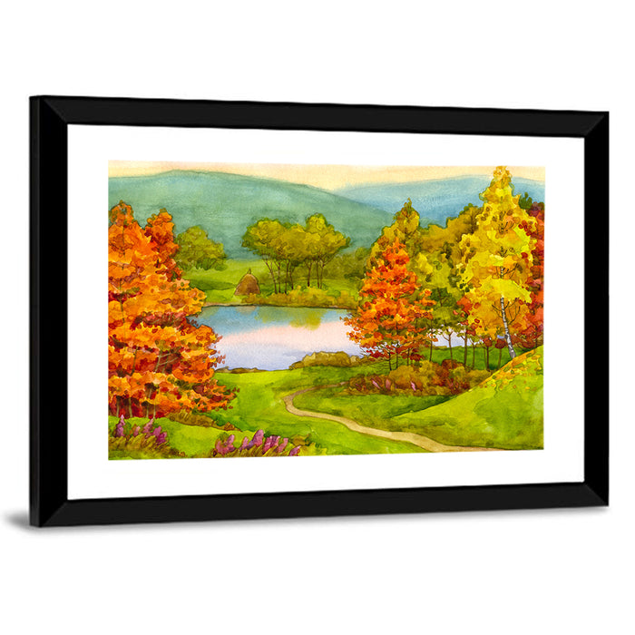 Autumn Lake with Winding Path Wall Art as a framed print