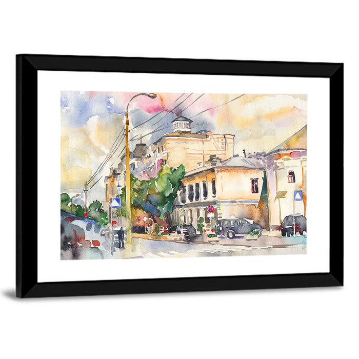 Sunlit City Street Watercolor Wall Art as a framed print