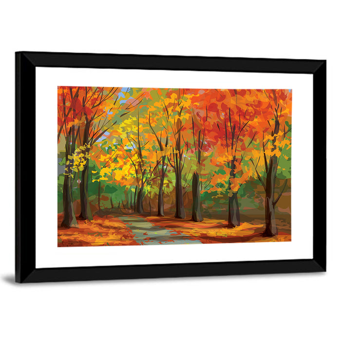 Autumn Forest Pathway Wall Art as a framed print