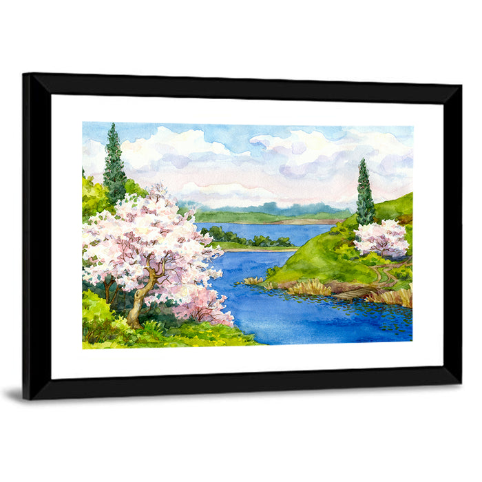 Spring Blossom Lakeside Landscape Wall Art as a framed print