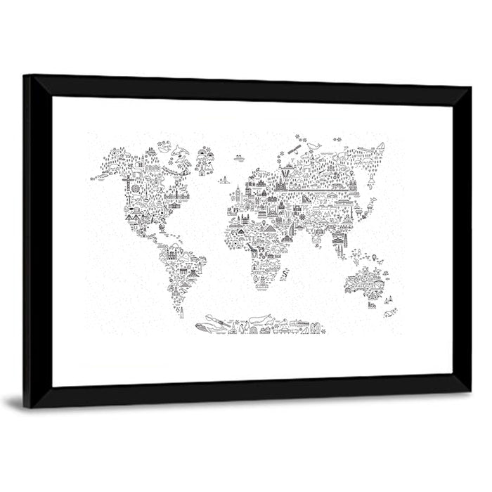 World Map of Travel Icons Wall Art as a framed print