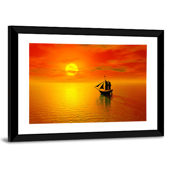 Old Sailboat Silhouette at Sunset Wall Art as a framed print