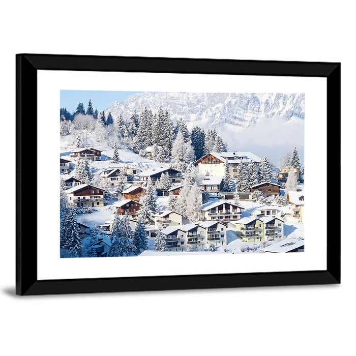 Snow Covered Swiss Alps Village Wall Art as a framed print