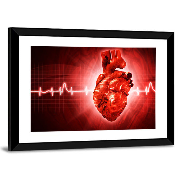 3d Anatomical Heart with Ecg Trace Wall Art as a framed print
