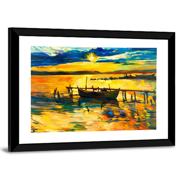 Sunset Boat at Jetty Oil Painting Wall Art as a framed print
