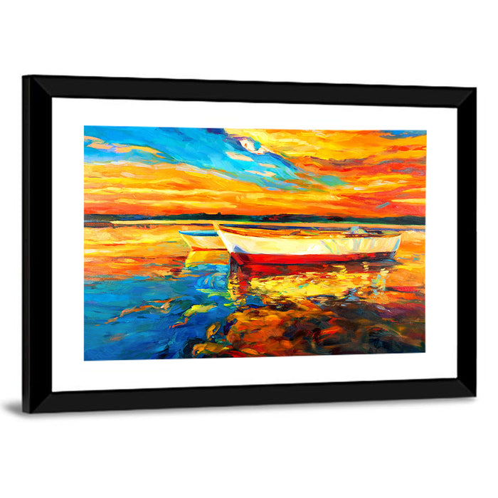 Boats at Golden Sunset Wall Art as a framed print