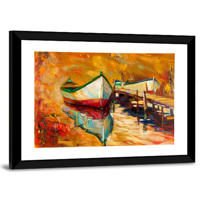 Boat at Jetty with Reflection Wall Art as a framed print