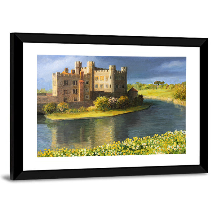 Castle Reflected Over Flower Meadow Wall Art as a framed print