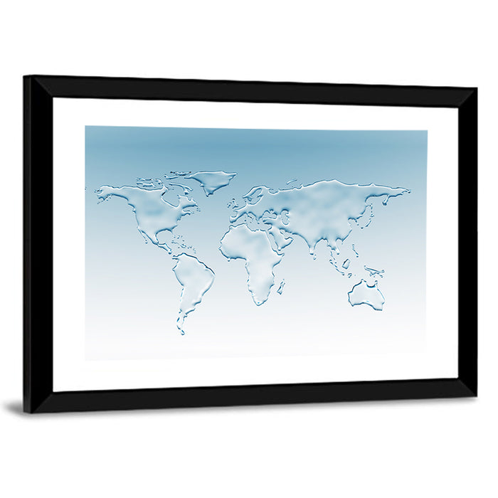 Embossed Water World Map Wall Art as a framed print