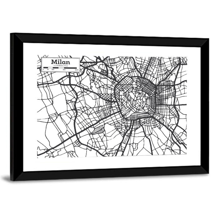Milan City Map Monochrome Wall Art as a framed print