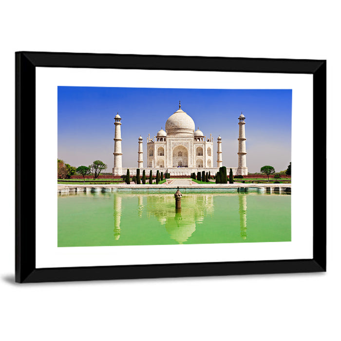 Taj Mahal Day Reflection Wall Art as a framed print