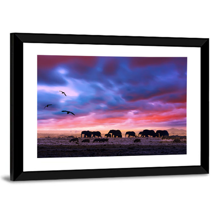 Elephants at Savannah Sunset Wall Art
