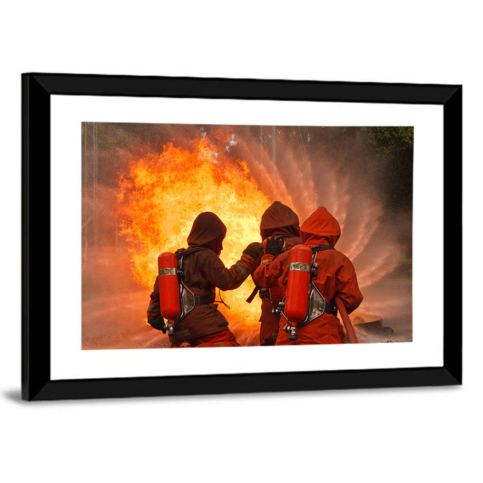 Three Firefighters Training Drill Wall Art as a framed print