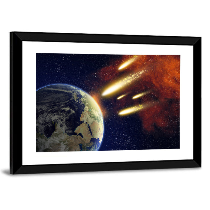 Earth and Flying Asteroids Wall Art as a framed print