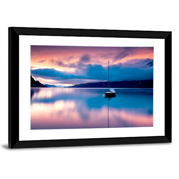 Lake Brienz Sunset with Sailboat Wall Art as a framed print