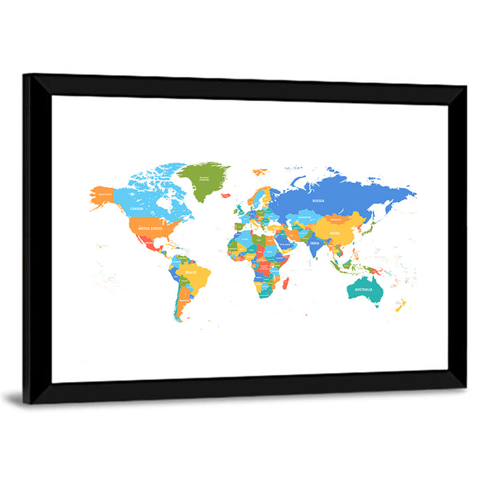 Colorful Political World Map Wall Art as a framed print