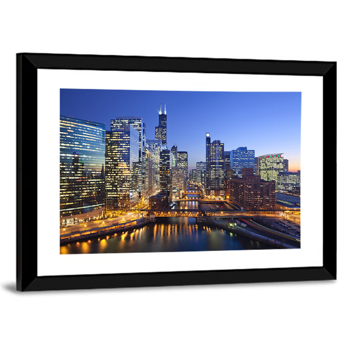 Chicago River Night Skyline Wall Art