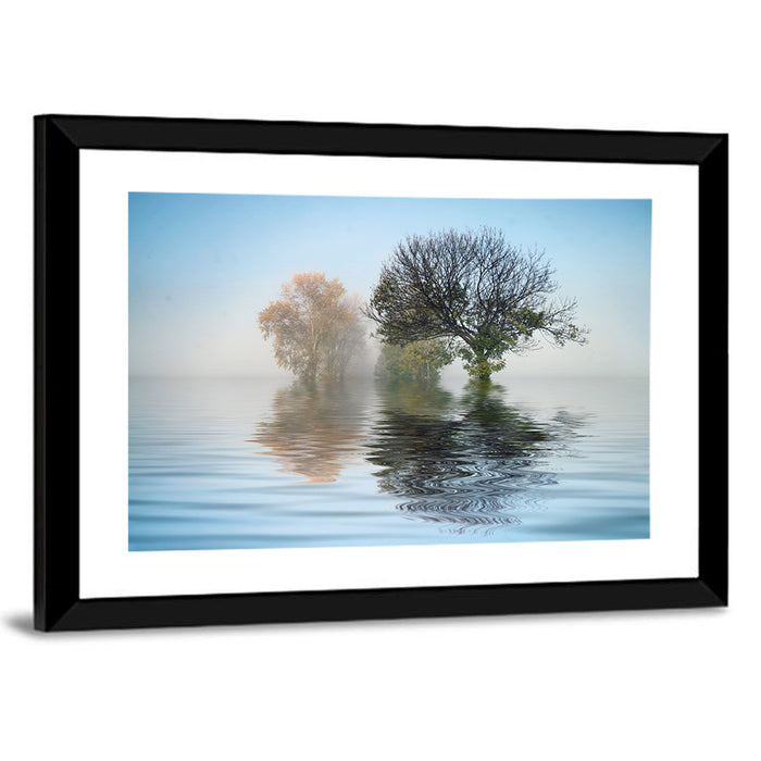 Misty Lake Reflection Wall Art as a framed print