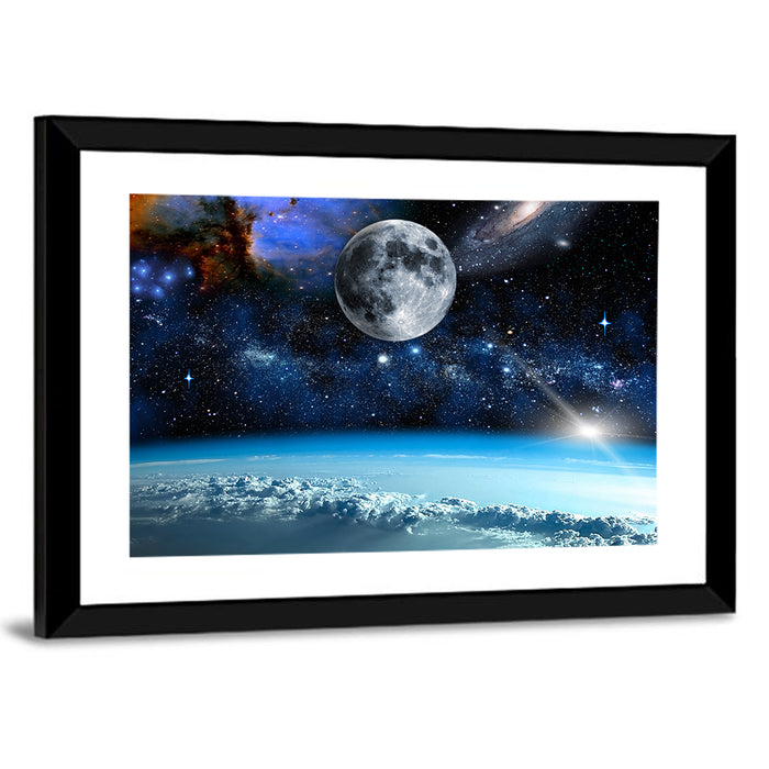 Earth and Moon Over Clouds Wall Art as a framed print