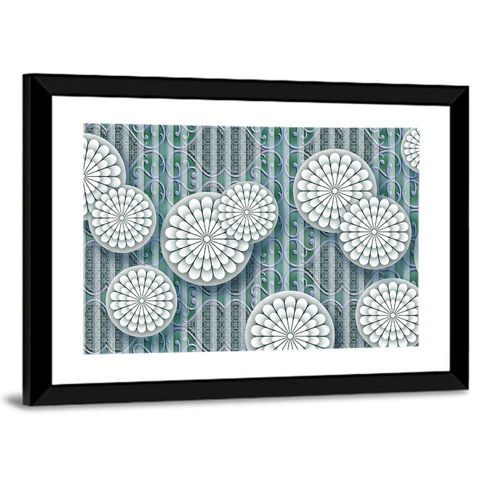 Blue Floral Scrollwork Pattern Wall Art as a framed print