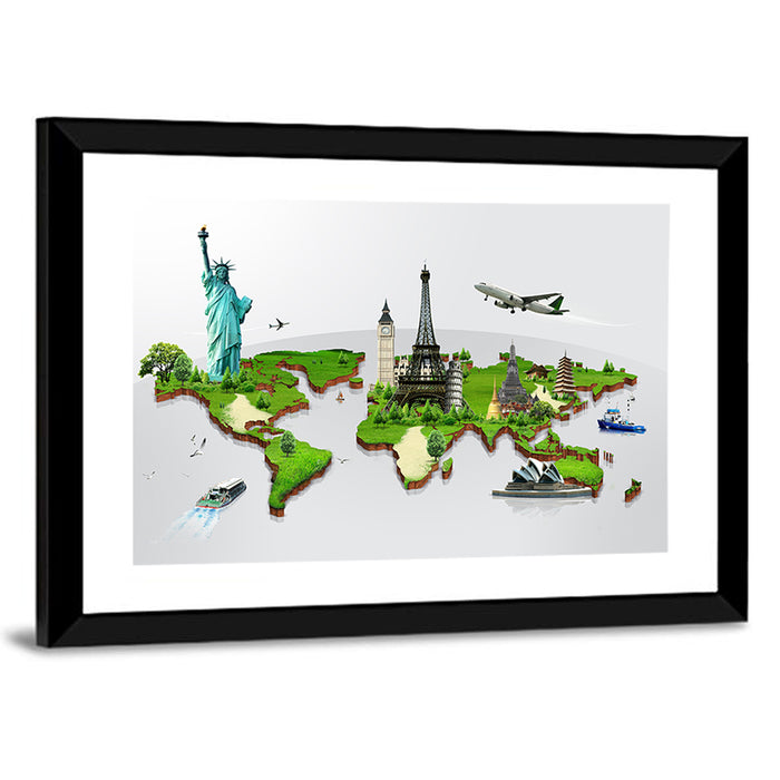 3d World Monuments Map Wall Art as a framed print