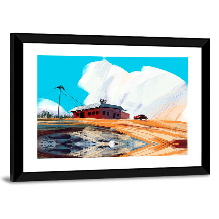 Red House in Desert Wall Art as a framed print