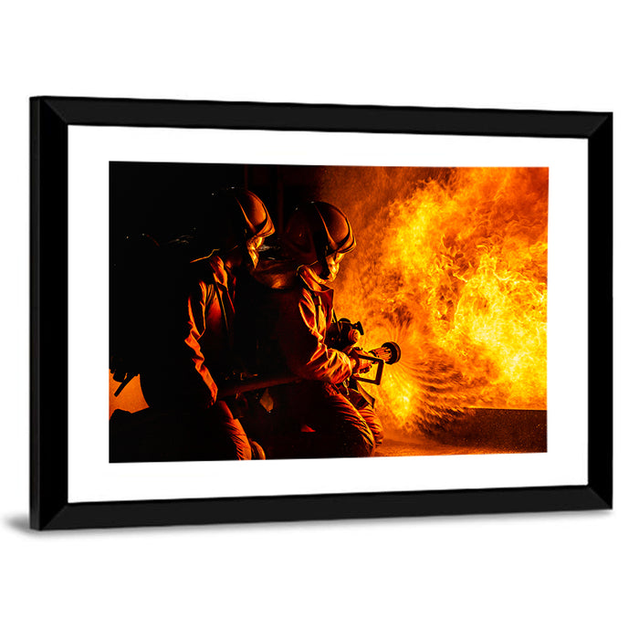 Firefighters Battling Flames Wall Art as a framed print