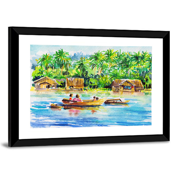 Boat in Tropical Village Wall Art as a framed print