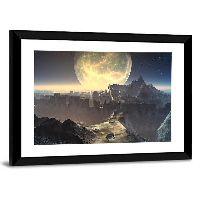 Moonlit Alien City Ruins Wall Art as a framed print
