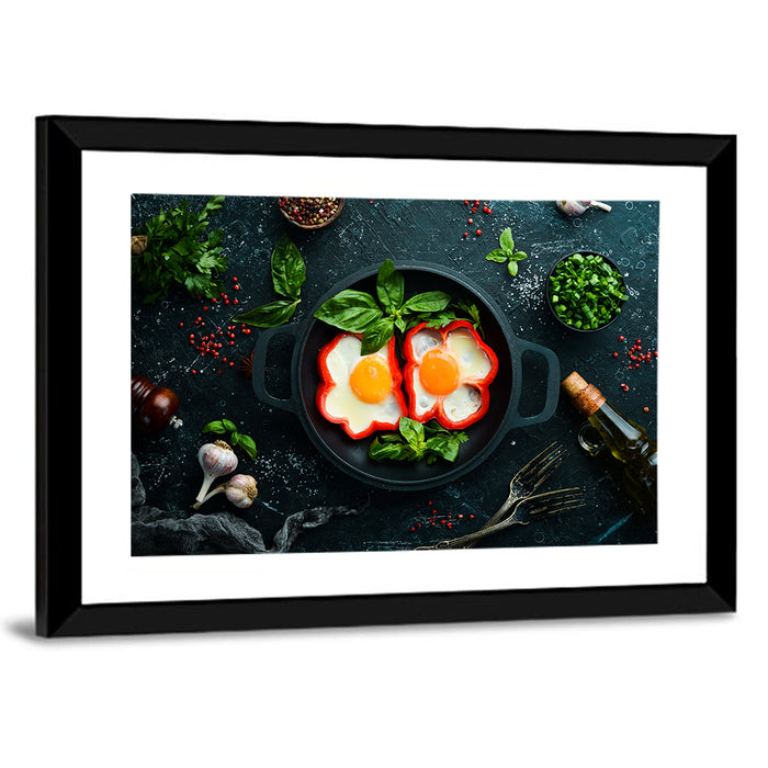 Cast Iron Fried Eggs with Sweet Pepper Wall Art as a framed print