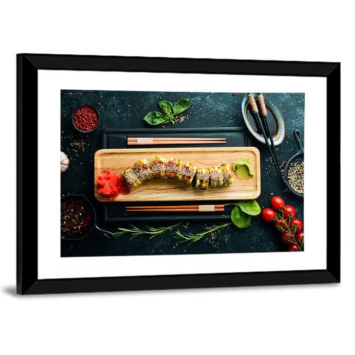 Top-down Sushi Roll with Chopsticks Wall Art as a framed print