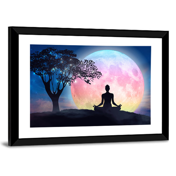 Lotus Pose Moon Silhouette Wall Art as a framed print