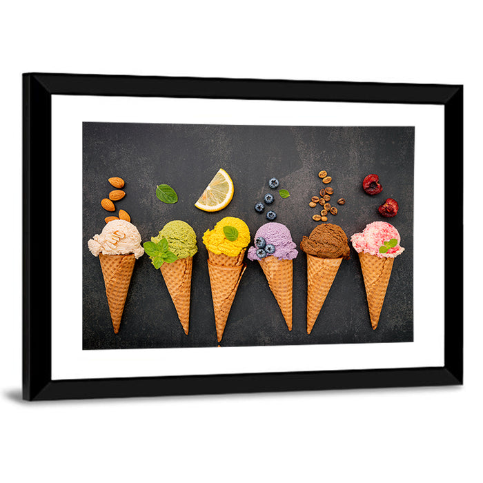 Six Ice Cream Cone Flavors Wall Art as a framed print