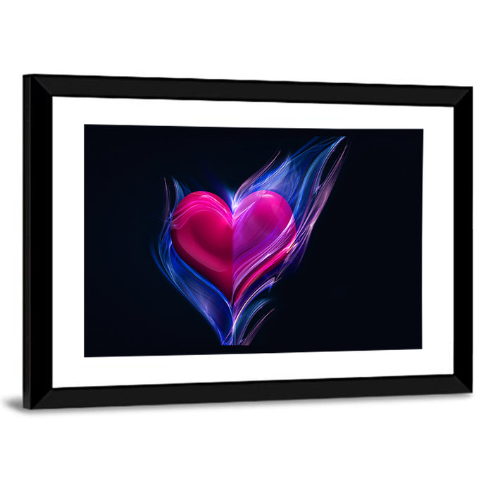 Glowing Pink Heart in Blue Flame Wall Art as a framed print