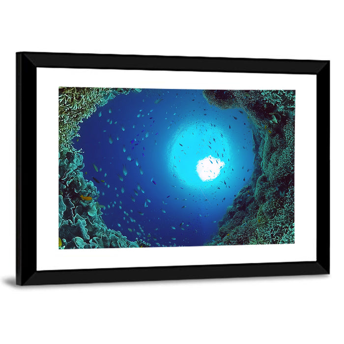 Sunlit Coral Reef with Tropical Fish Wall Art as a framed print