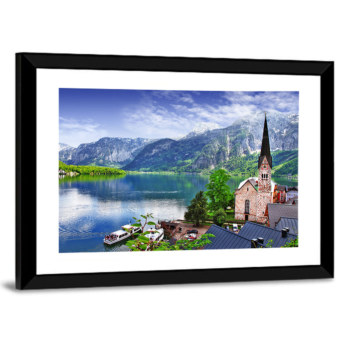 Hallstatt Lake View with Church Tower Wall Art as a framed print