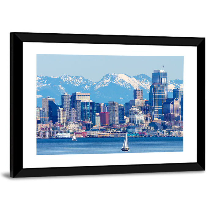 Seattle Skyline with Sailboats and Mountains Wall Art as a framed print