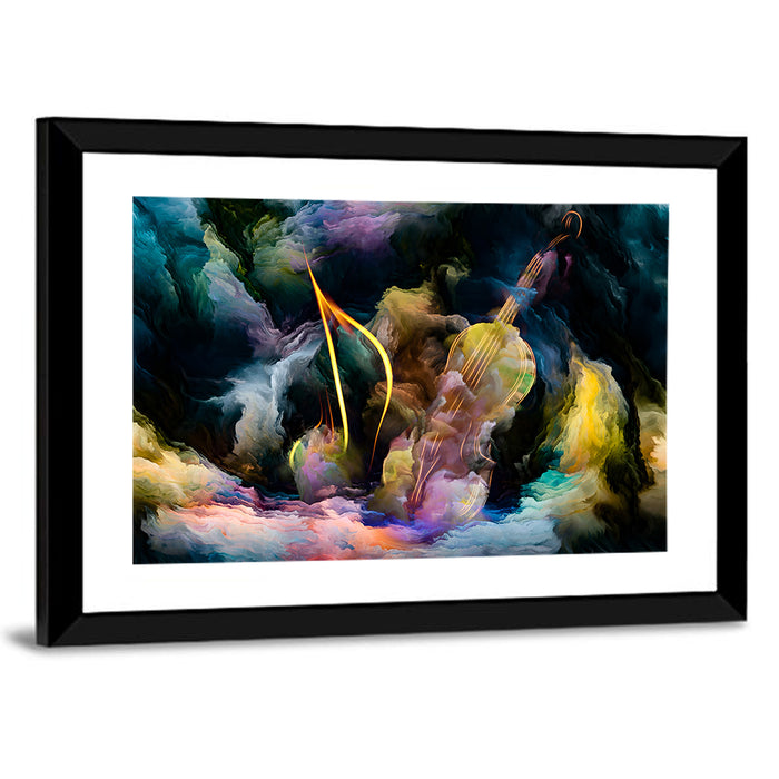 Golden Violin in Blue Nebula Wall Art as a framed print