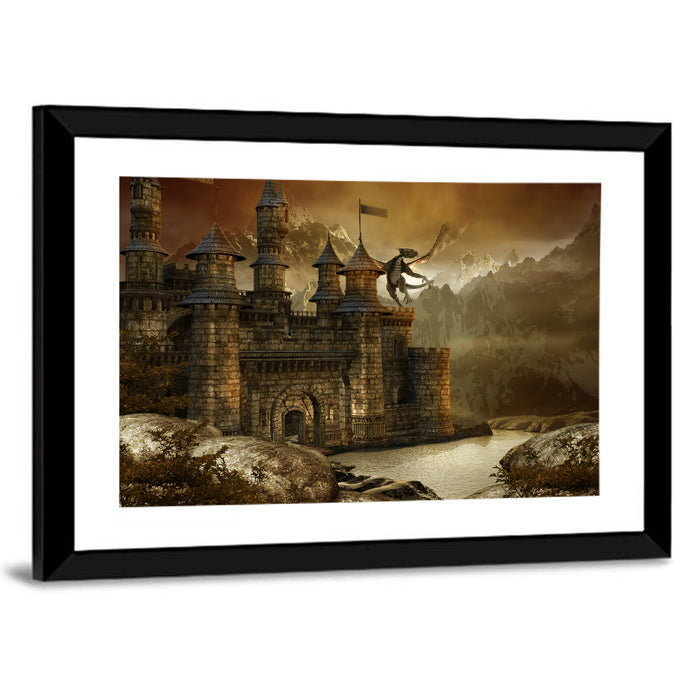 Dragon Over Fairytale Castle Wall Art as a framed print