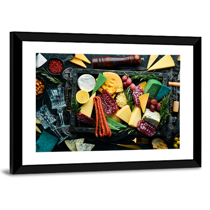 Charcuterie Tray with Wine Glasses Wall Art as a framed print