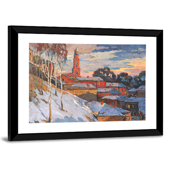 Winter Cityscape at Sunset Wall Art as a framed print
